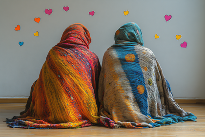 Two Figures Draped in Colorful Cloths