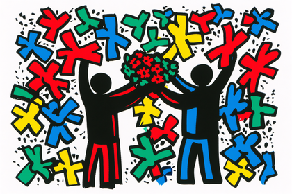 Two Figures Holding Bouquet with Abstract Crosses