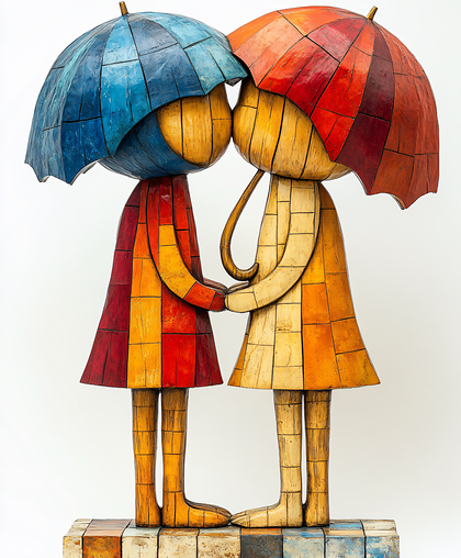 Two Figures Under Umbrellas