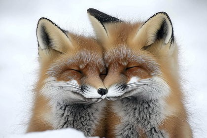 Two Foxes Cuddling In Snow