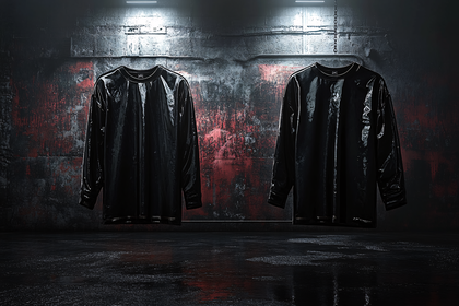 Two Glossy Black Long Sleeve Shirts Hanging on a Grunge Wall