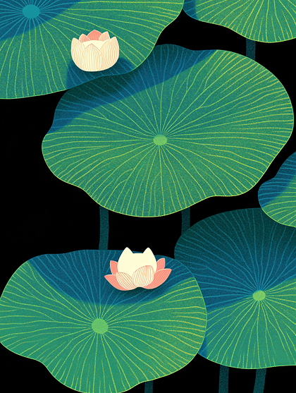 Two Lotus Flowers Blooming On Lily Pads