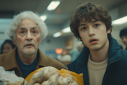 Two Men Shopping Looking At Camera