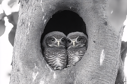 Two Owlets In Tree Hollow