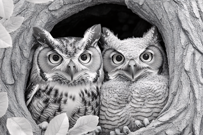 Two Owls In Tree Hollow