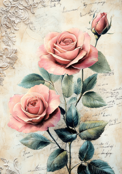 Two Pink Roses With Floral Lace Background