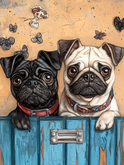 Two Pugs with Butterflies