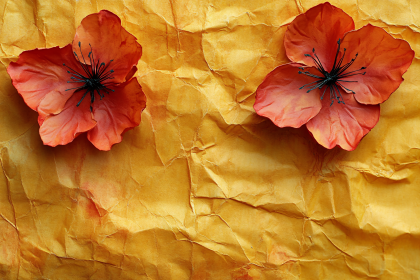 Two Red Flowers On Yellow Crumpled Paper