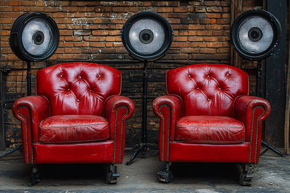 Two Red Leather Armchairs with Studio Lights