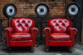 Two Red Leather Armchairs with Studio Lights
