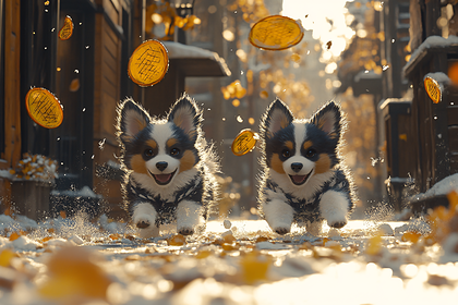 Two Running Puppies in a Winter Wonderland