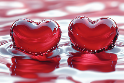 Two Shiny Red Hearts in Water