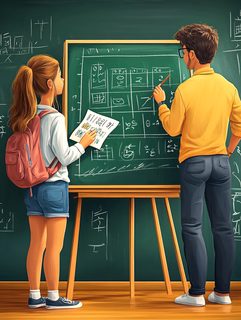 Two Students Studying At A Chalkboard
