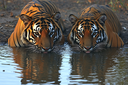 Two Tigers Drinking Water