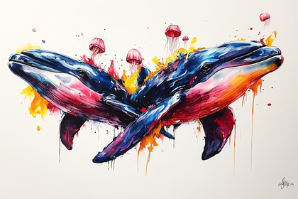 Free Download Watercolor Painting of Two Whales with Jellyfish