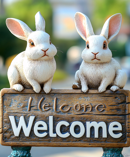 Two White Rabbits Welcome Sign