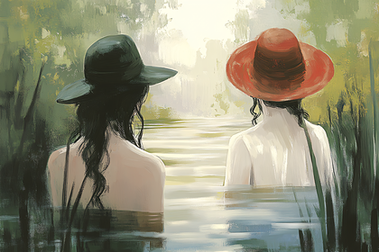 Two Women In Hats By The Lake