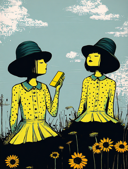 Two Women In Polka Dot Dresses In Sunflower Field