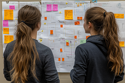 Two Women Reviewing Project Plan On Whiteboard