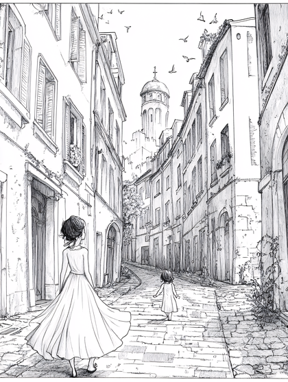 Two Women Walking Down A Cobblestone Street