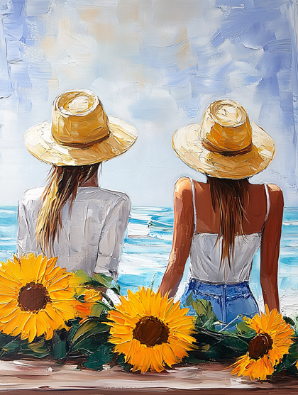 Two Women with Sunflowers at Beach
