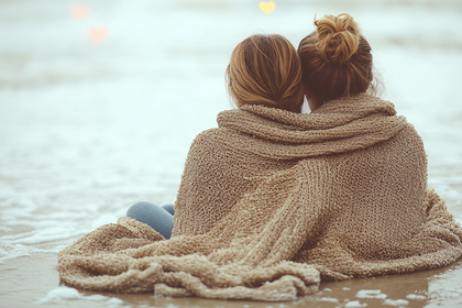 Two Women Wrapped in a Blanket at the Beach