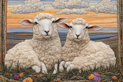 Two Wool Sheep in Textile Art Landscape
