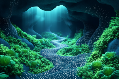 Underwater Cave With Bioluminescent Path