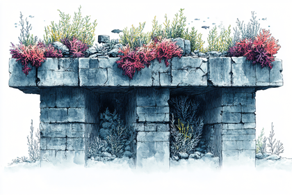 Underwater Stone Ruin with Coral and Seaweed
