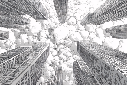 Upward View Of City Skyscrapers And Clouds