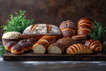 Variety Of Bread On Wooden Board