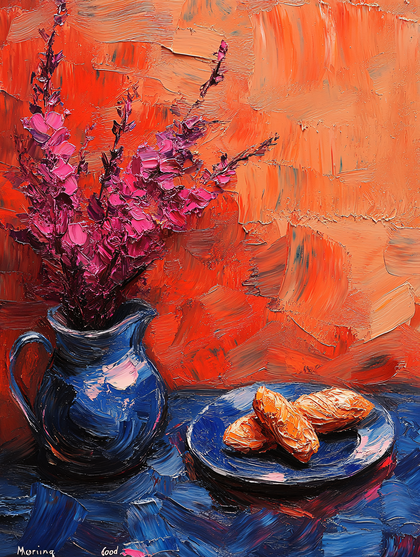 Vase Of Pink Flowers And Pastries Still Life