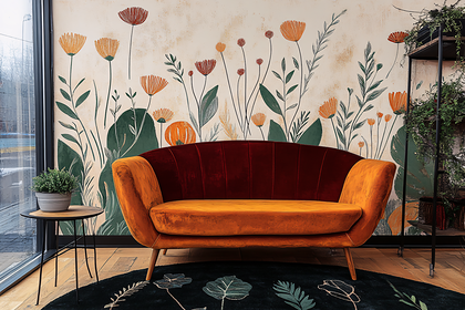 Velvet Couch with Floral Wallpaper