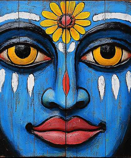 Vibrant Blue Face With Yellow Flower