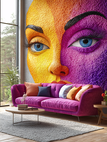 Vibrant Face Artwork in Contemporary Living Room