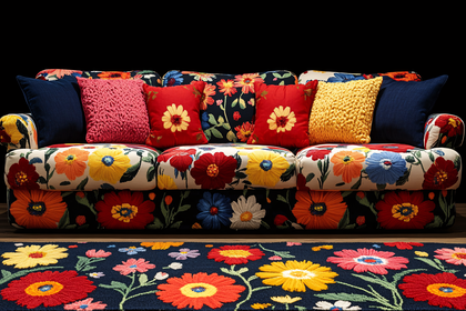 Vibrant Floral Embroidered Sofa with Colorful Pillows and Rug