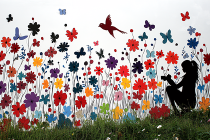 Vibrant Floral Mural with Nature Silhouettes