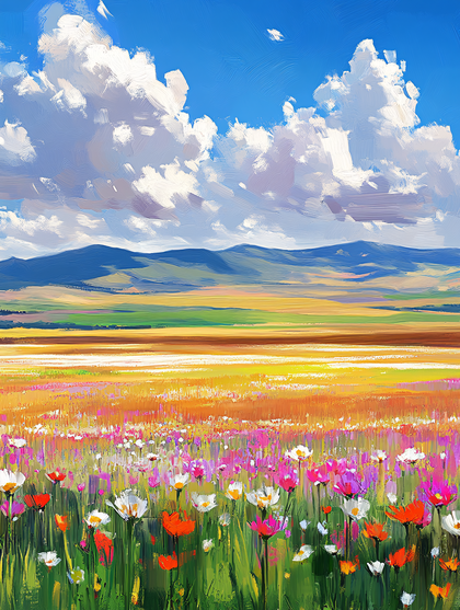 Vibrant Flower Field with Mountain Backdrop