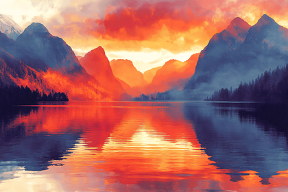 Free Download Mountain Lake Sunset with Vibrant Orange Sky and Reflections
