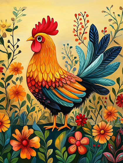 Vibrant Rooster in Floral Garden