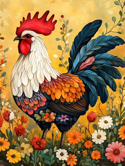 Vibrant Rooster in Floral Garden