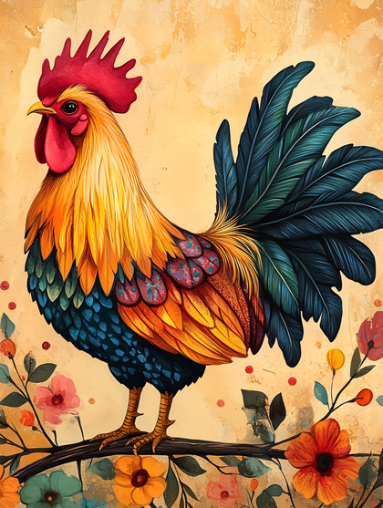 Vibrant Rooster on Floral Branch