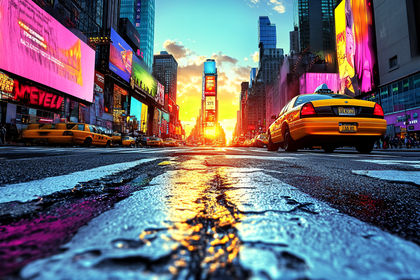 Vibrant Sunset Over Times Square with Yellow Taxis
