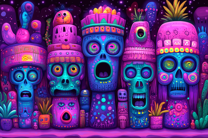 Vibrant Totem Faces in Psychedelic Colors