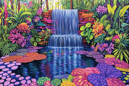 Vibrant Waterfall in Lush Garden