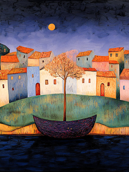 Village Boat Under Moonlight