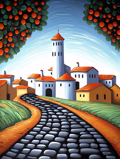 Village Road With Orange Trees