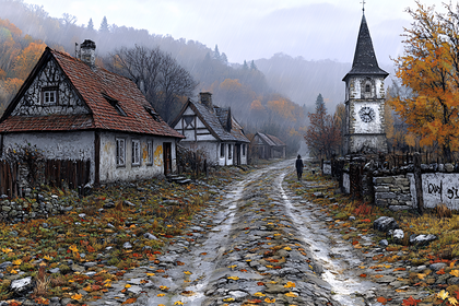 Village Street in Autumn Rain