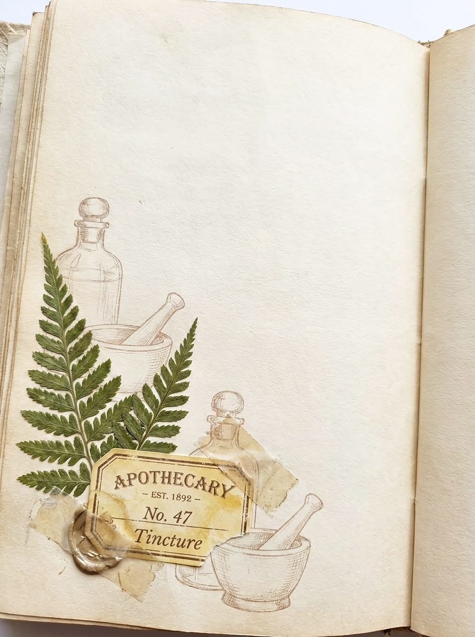 Vintage Apothecary Journal Page with Pressed Ferns