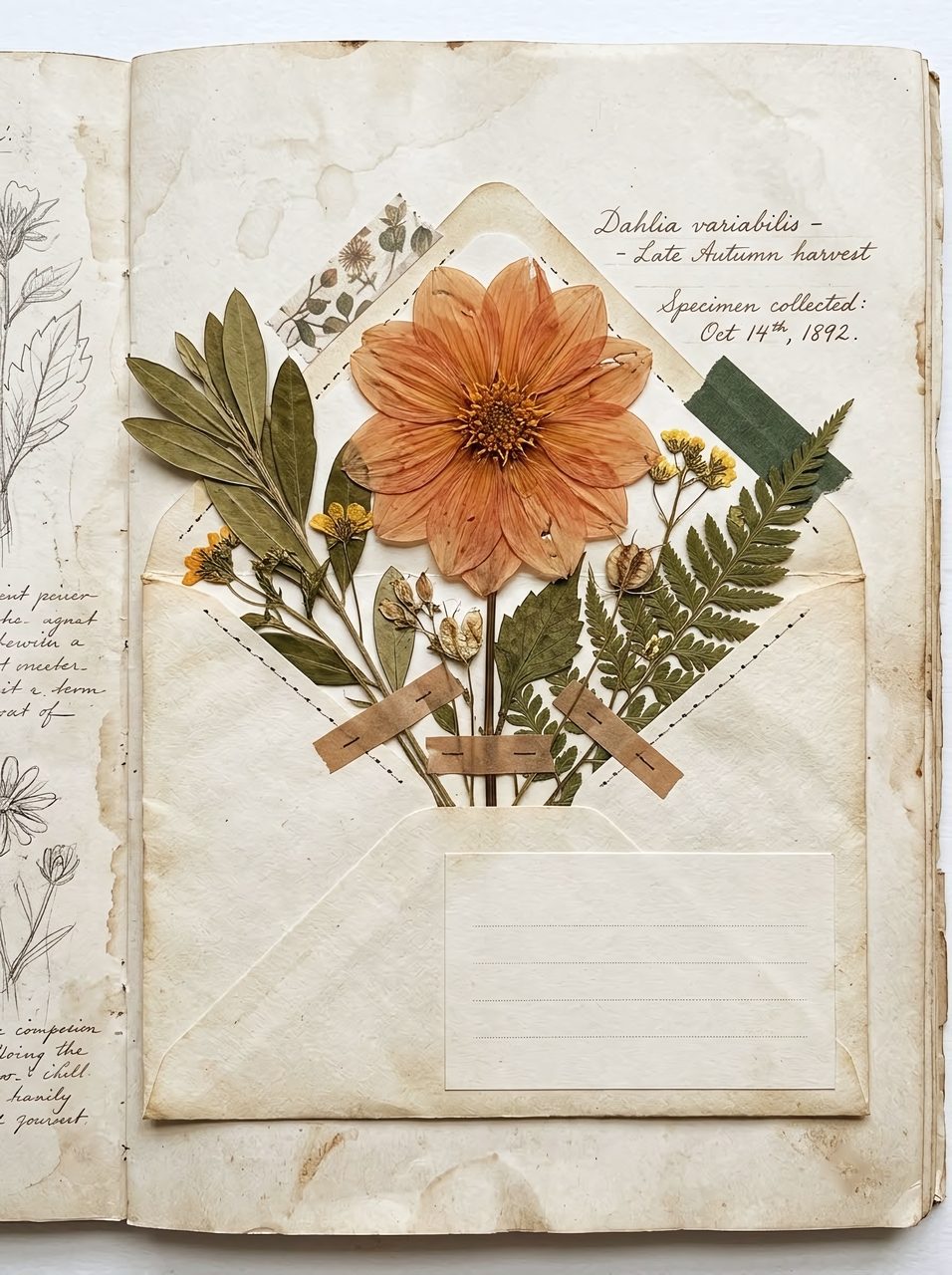 Vintage Botanical Herbarium Specimen With Pressed Flowers In An Old Journal